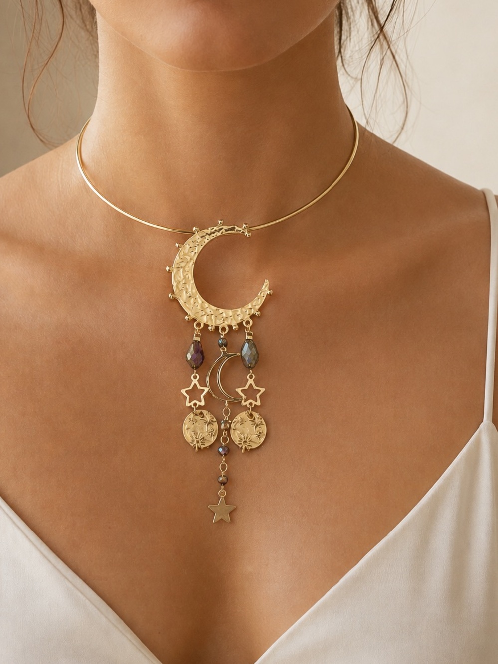 Anthropologie Gold Crescent Moon Choker with Star & Coin Drops